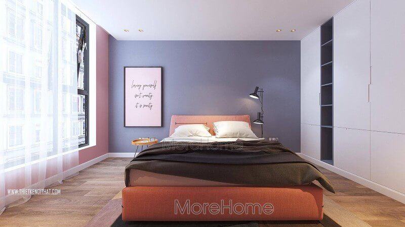 Chiếc giường gỗ công nghiệp màu hồng cam mang lại sự đáng yêu cho bé
